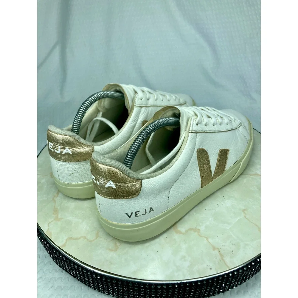 Veja Esplar Metallic Leather Shoes Women 9.5 Gold White Low Top Lace Up Sneakers